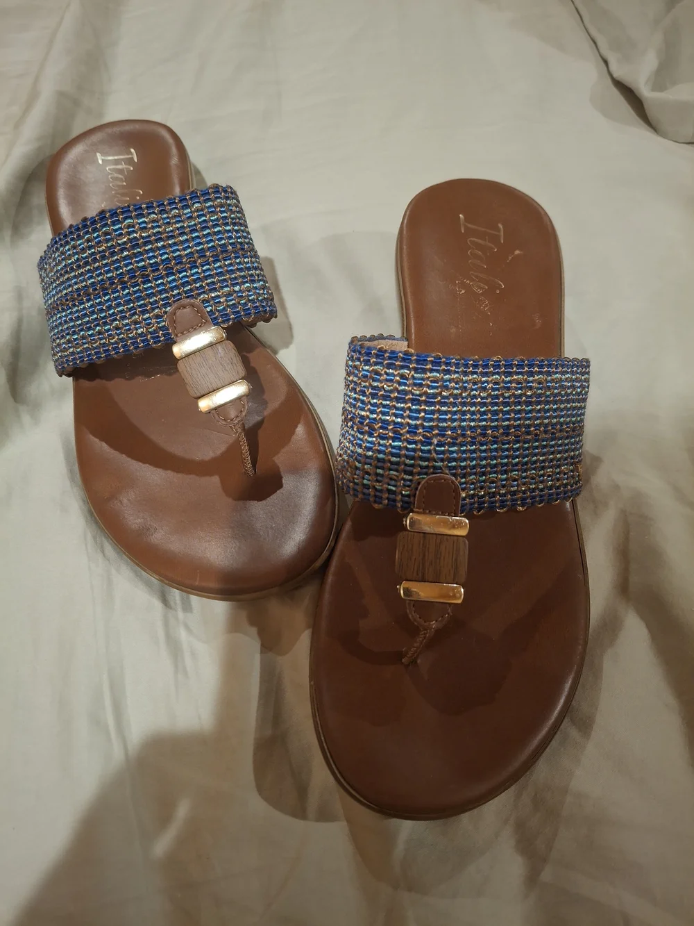 Tan Footbed Blue Woven Strap Slide Sandals